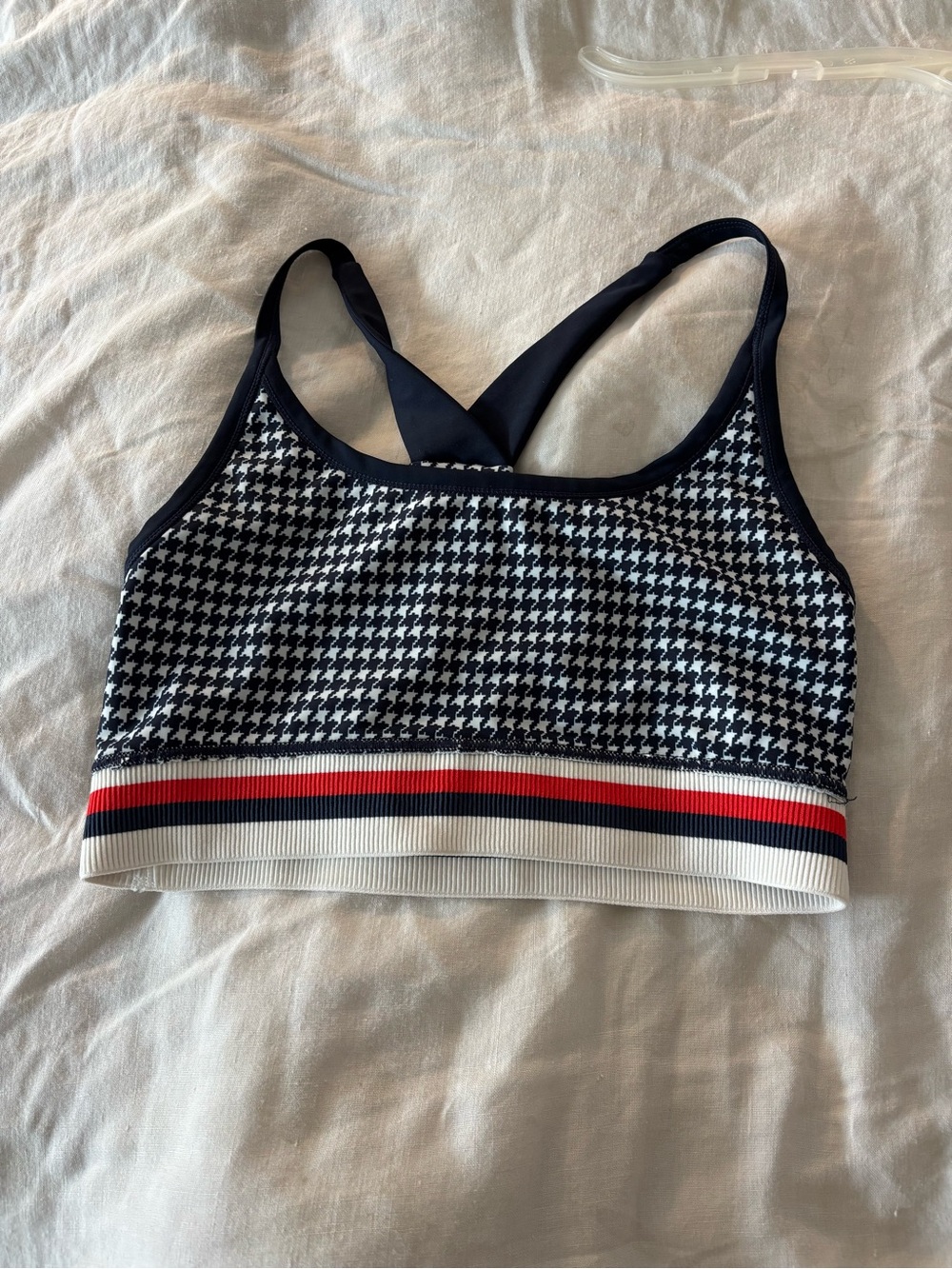 Houndstooth Strappy Sports Bra with Red Accent
